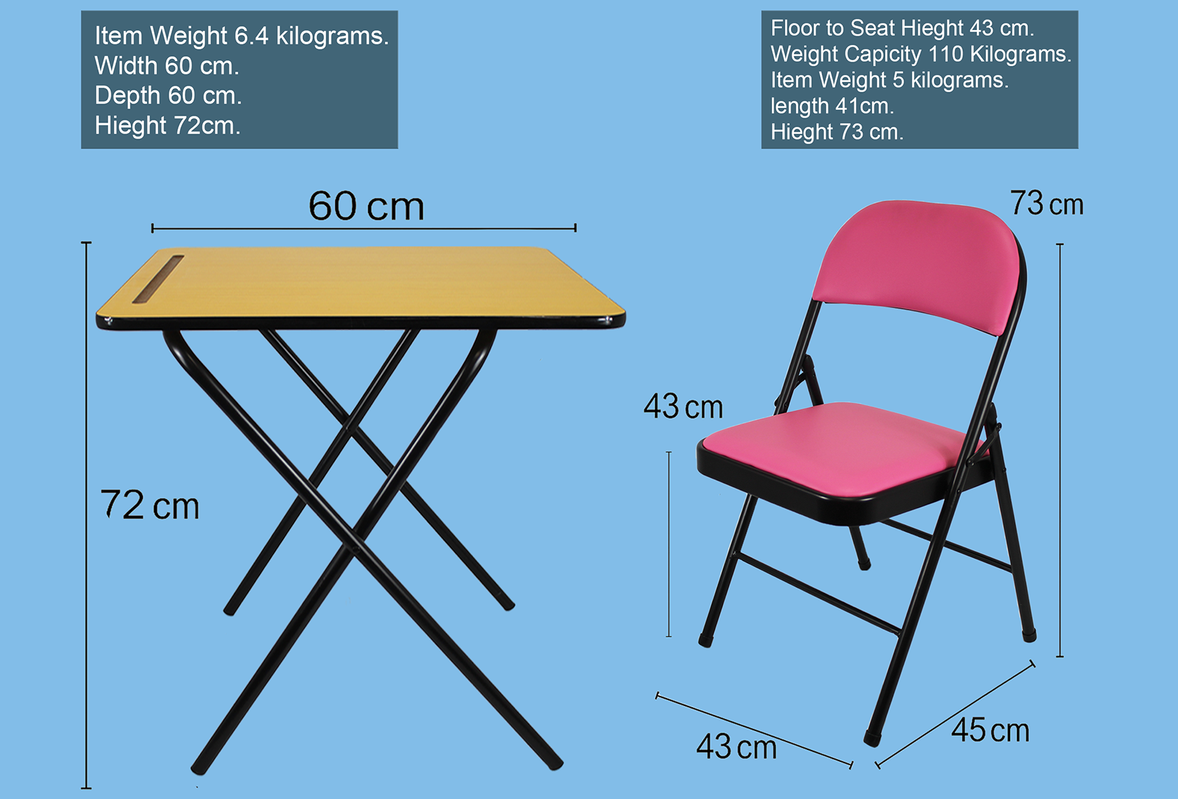 Leather Folding Chair and Exam table with pink seat and folding black metal legs and wooden tabletop
