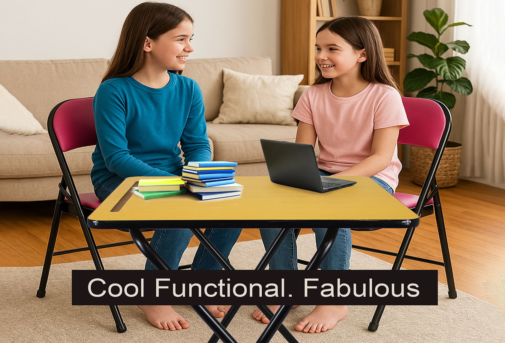 Leather Folding Chair and Exam table in a home setting with two girls sitting and using a laptop and books