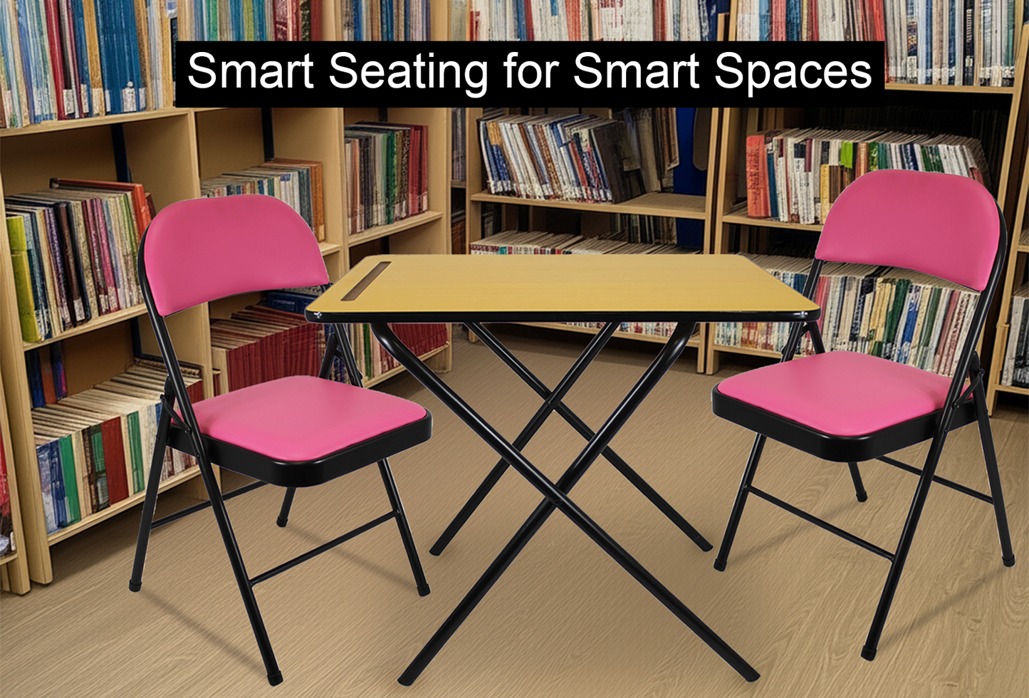 Leather Folding Chair and Exam table set with pink seats and black frames in a library setting