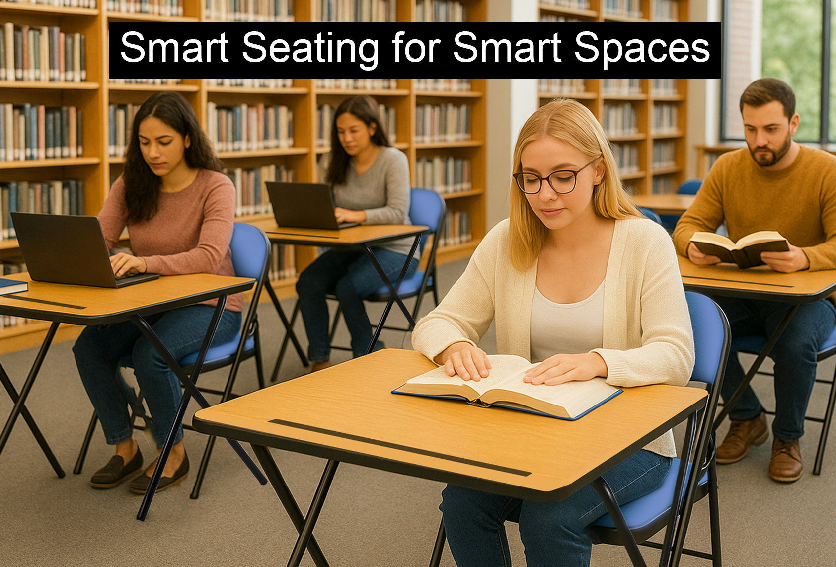 Leather Folding Chair and Exam table with students sitting and studying in library setting