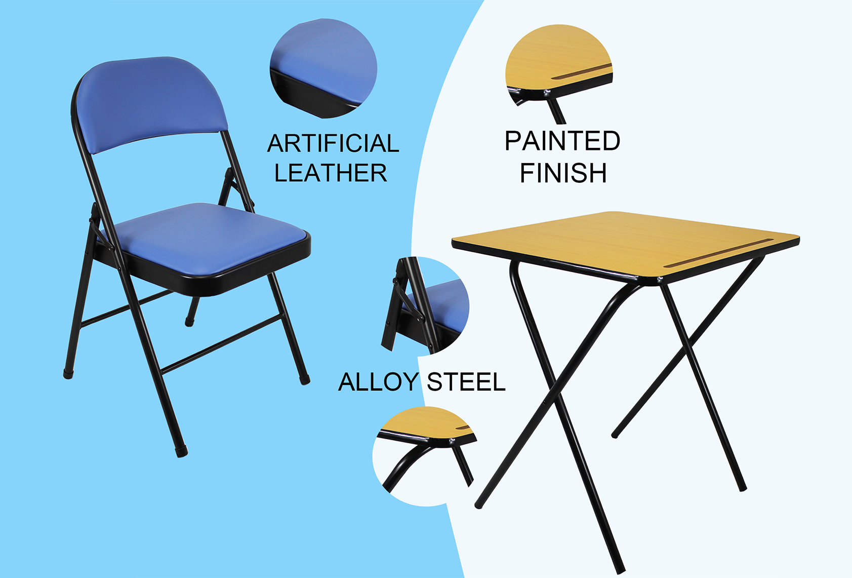 Leather Folding Chair and Exam table with artificial leather seat, painted finish, and alloy steel frame