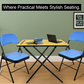 Blue leather folding chair and exam table set with black metal frame in a modern room