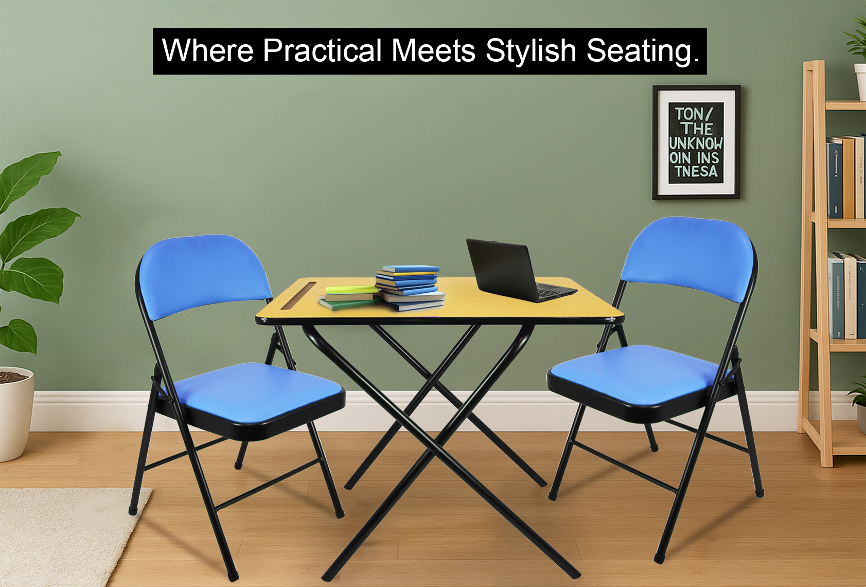 Blue leather folding chair and exam table set with black metal frame in a modern room