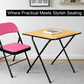 Leather Folding Chair and Exam table set with pink cushioned seat and black frame beside wooden exam table