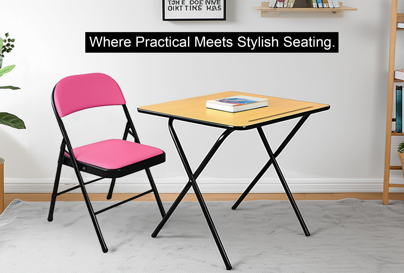 Leather Folding Chair and Exam table set with pink cushioned seat and black frame beside wooden exam table