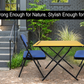 Leather Folding Chair and Exam table set with blue seats and yellow tabletop outdoor near steps and plants