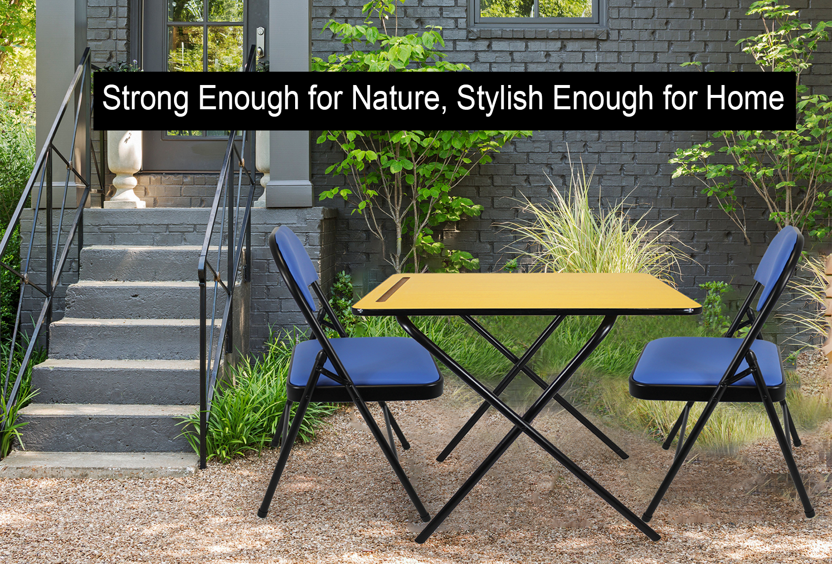 Leather Folding Chair and Exam table set with blue seats and yellow tabletop outdoor near steps and plants