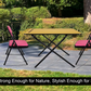 Leather folding chair and exam table set with pink seats and black metal frame outdoor on a patio