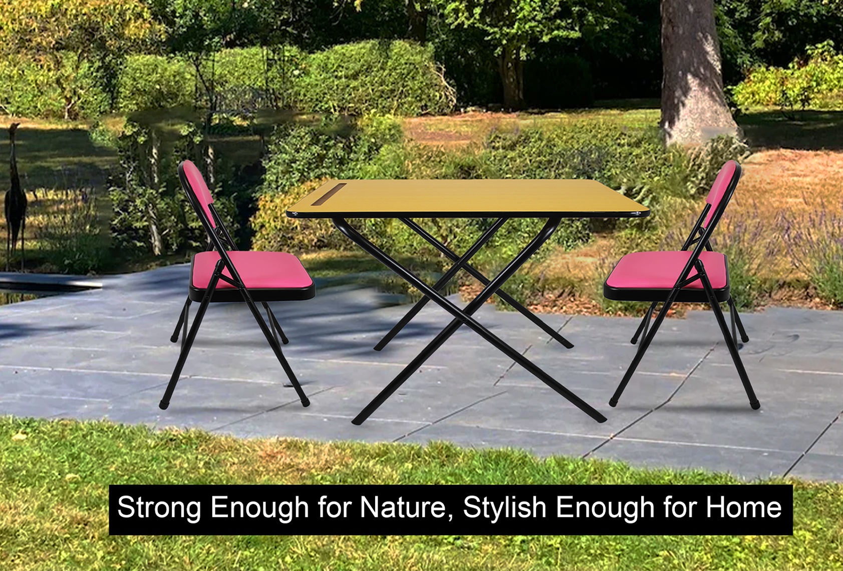 Leather folding chair and exam table set with pink seats and black metal frame outdoor on a patio
