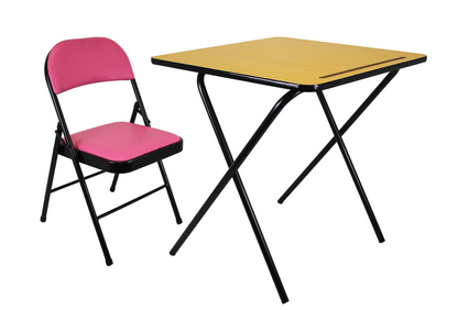 Meta Furniture Leather Folding Chair and Exam table with pink leather seat and black metal frame