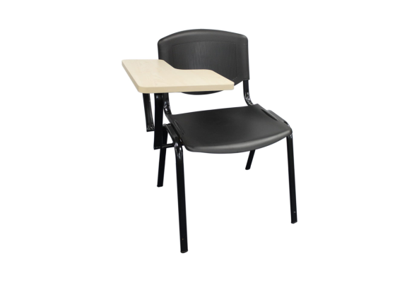 Black Plastic Stacking Chair With Tablet for writing or studying with sturdy metal legs