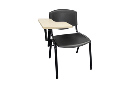 Black Plastic Stacking Chair With Tablet for writing or studying with sturdy metal legs