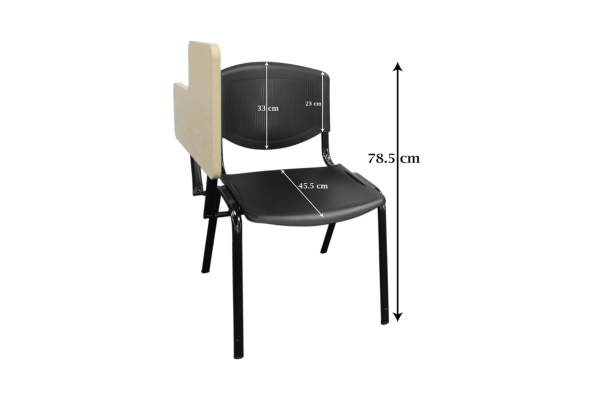Black Plastic Stacking Chair With Tablet measuring 78.5 cm height and metal frame by Meta Furniture