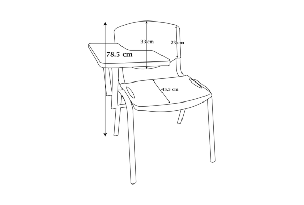 Meta Furniture Plastic Stacking Chair With Tablet featuring dimensional measurements for height and tablet size