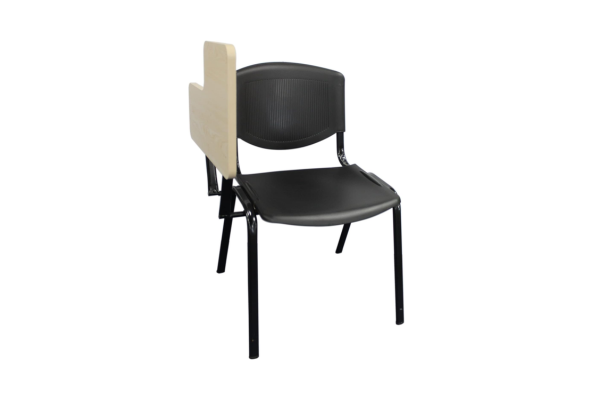 Meta Furniture Plastic Stacking Chair With Tablet in black seat and back with wooden writing tablet