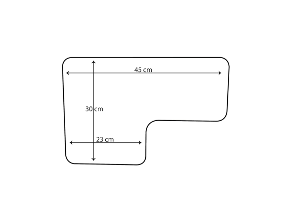 Dimensions diagram of Plastic Stacking Chair With Tablet showing 45 cm width and 30 cm and 23 cm tablet measurements