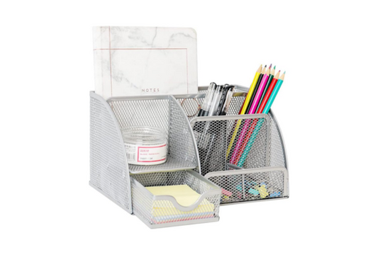 Meta Furniture gray mesh desk organizer set holding pencils, pens, sticky notes, and notebook