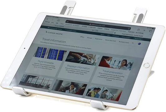 Meta Furniture iPad Stand holding a white tablet displaying travel information page
